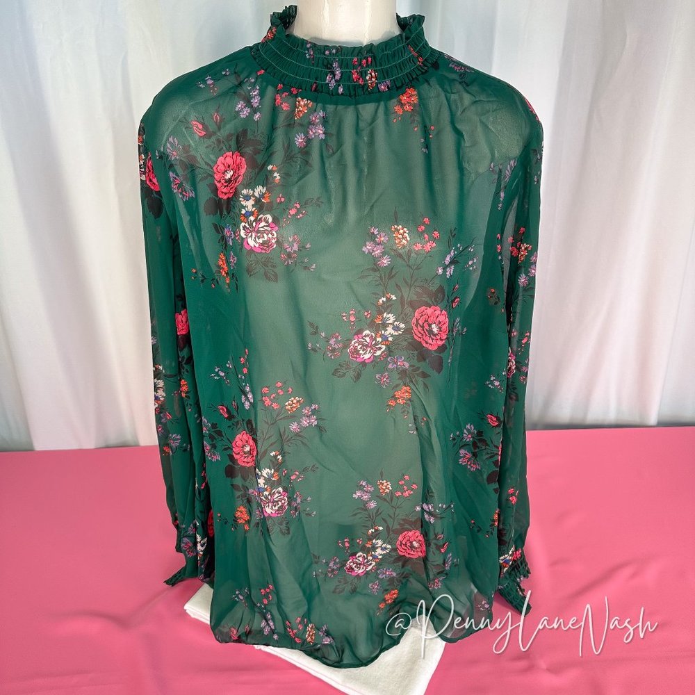 Torrid Chiffon Smocked Mock Neck Floral Blouse Top Green - Picture 3 of 11